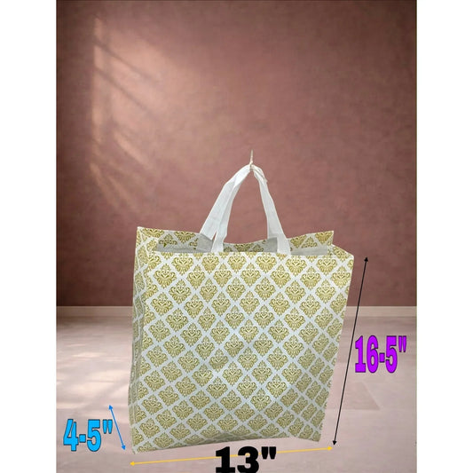 16.5" Carry Bag for Return Gifts, Canvas Fabric Bags for Wedding & Festivals, White-Gold Printed (Big)