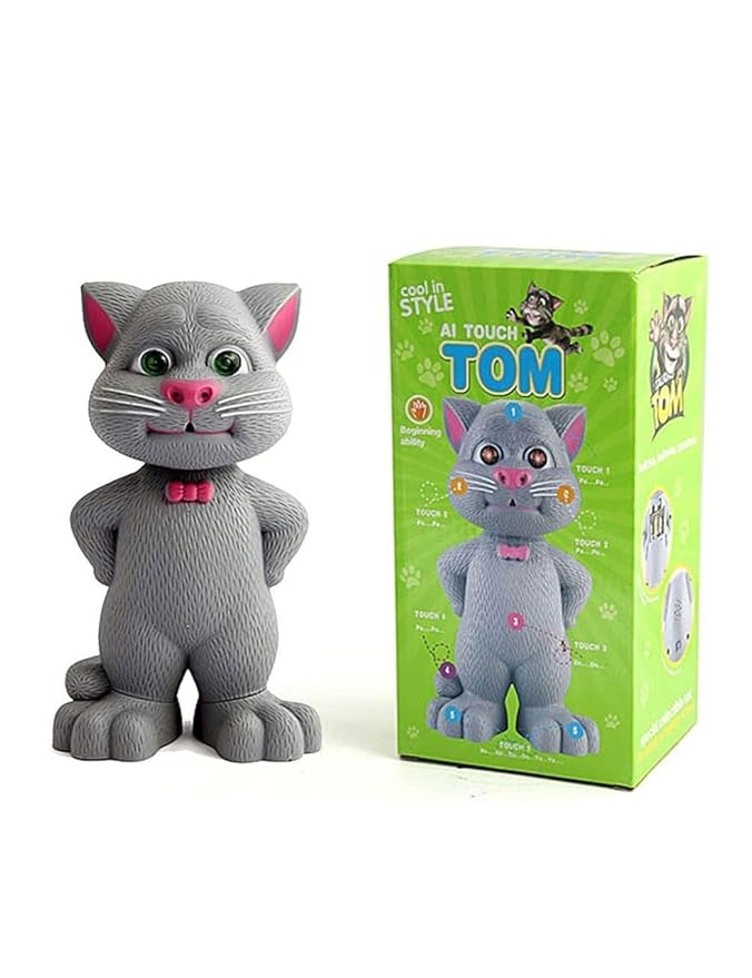Interactive Talking Tom Cat Toy: Touch-Activated Recording, Grey with Pink Accents