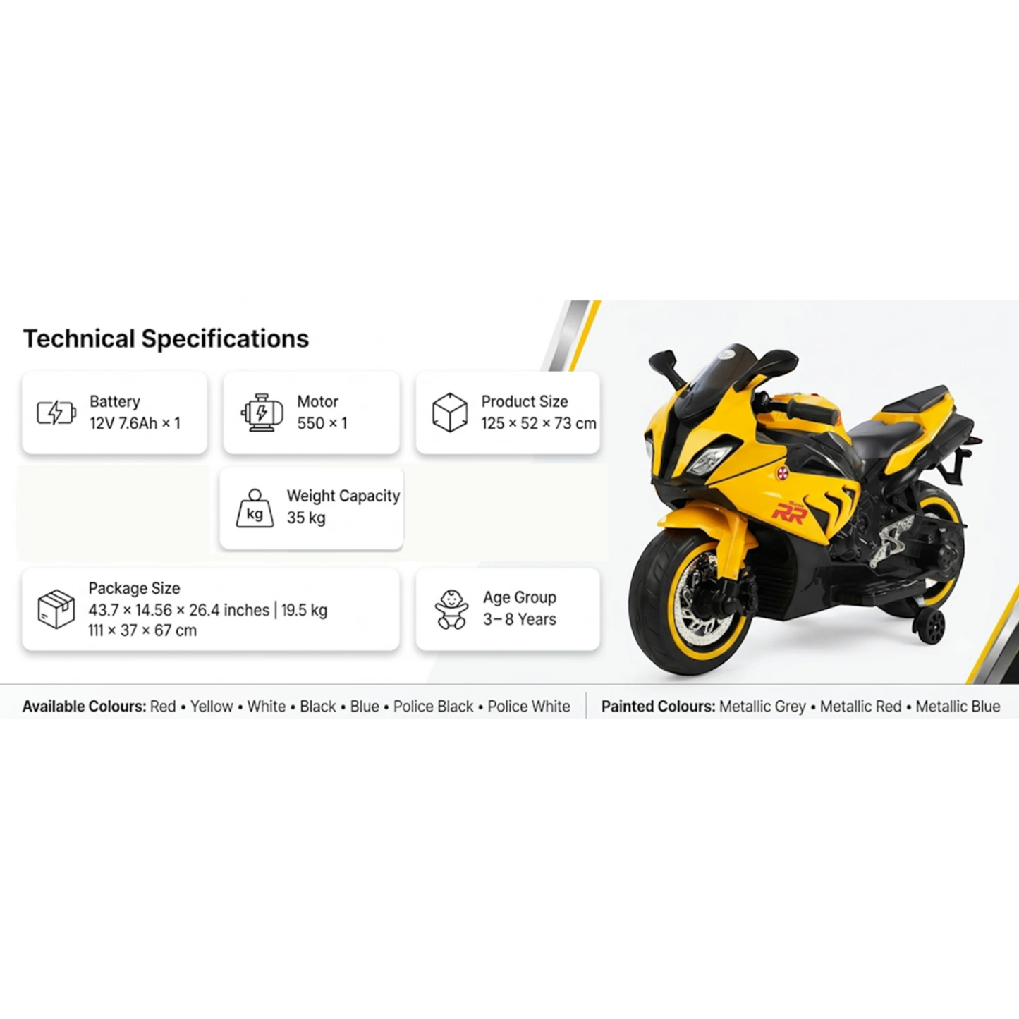 Toy House Battery Operated Ride-On Bike for Kids 3 to 8 Years - B018-Yellow