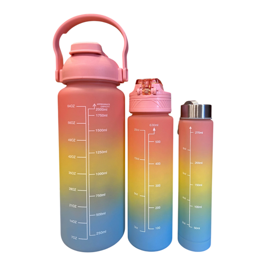 Motivational Water Bottle 3pcs Set with Time Markers Water Lines | 2000ml, 630ml,270ml | Hydration bottle for gym, school & office