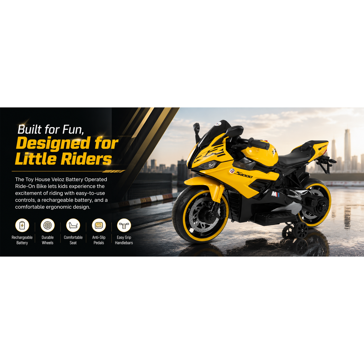 Toy House Battery Operated Ride-On Bike for Kids 2 to 6 Years - B011-Yellow
