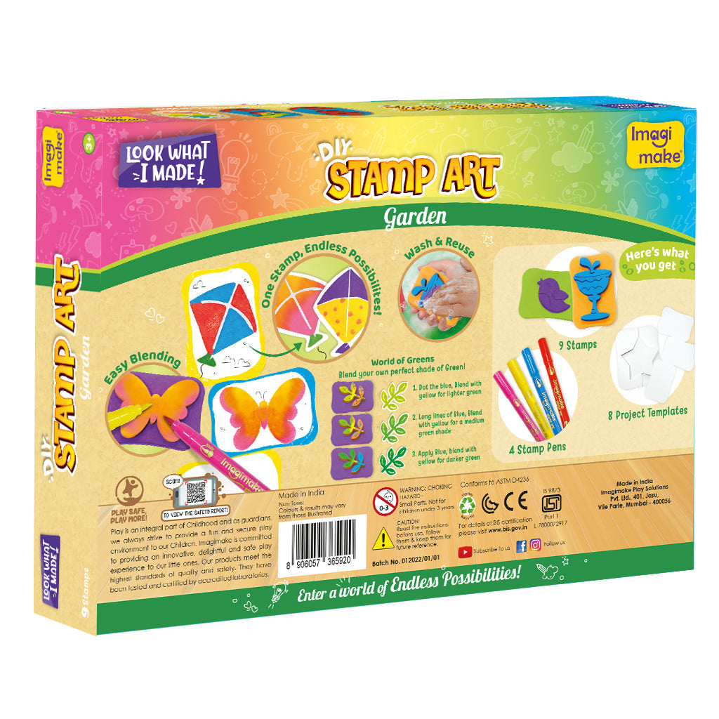 Imagimake Garden Stamp Art Kit for Kids - 9 Reusable Stamps, 4 Mess-Free Pens