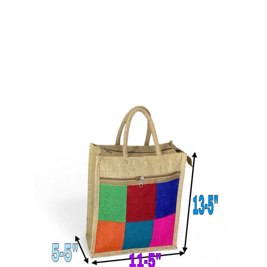 Jute Multicolour Square Checks Tote Bag with Zipper