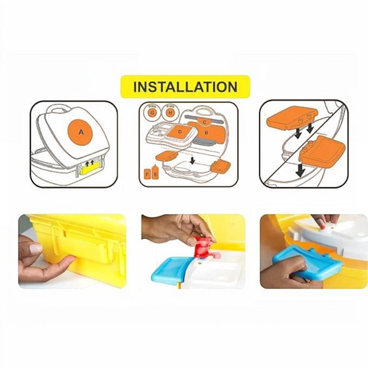 TipTop Retail kitchen toy set installation guide showing assembly steps for the portable plastic play kitchen case