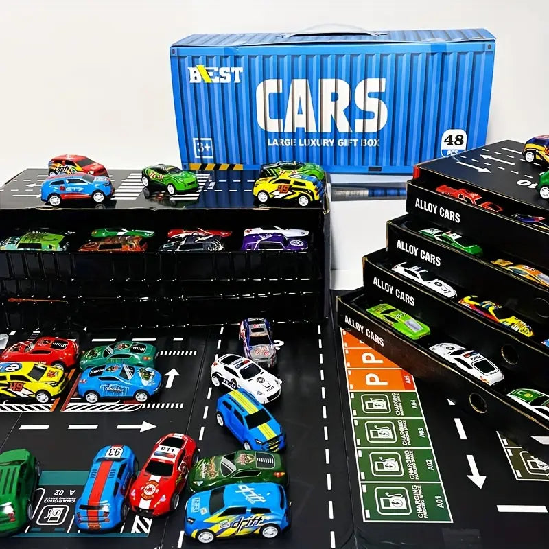 TIPTOP 48-Piece Pull-Back Mini Racing Cars with Portable Storage Container