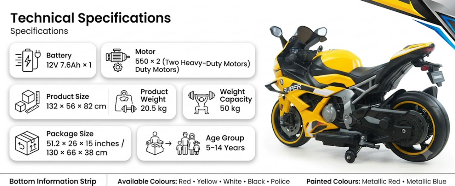 Toy House Battery Operated Ride-On Bike for Kids - B022- Black