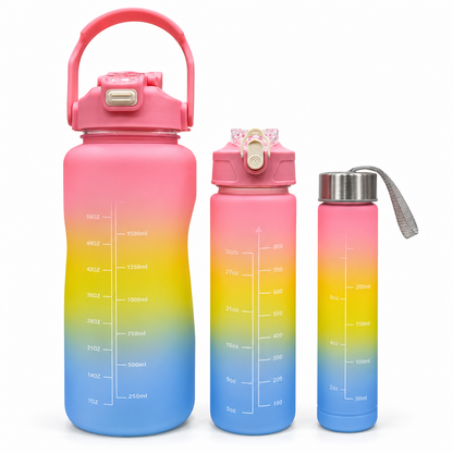 Motivational Water Bottle 3pcs Set with Time Markers Water Lines - 2000ml, 900ml,300ml