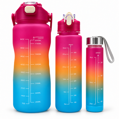 Motivational Water Bottle 3pcs Set with Time Markers Water Lines - 2000ml, 900ml,300ml