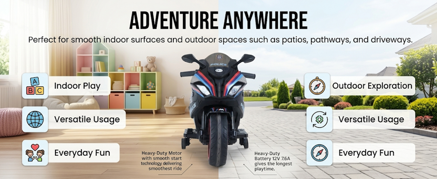 Toy House Battery Operated Ride-On Bike for Kids 3 to 8 Years - B018-Police Black