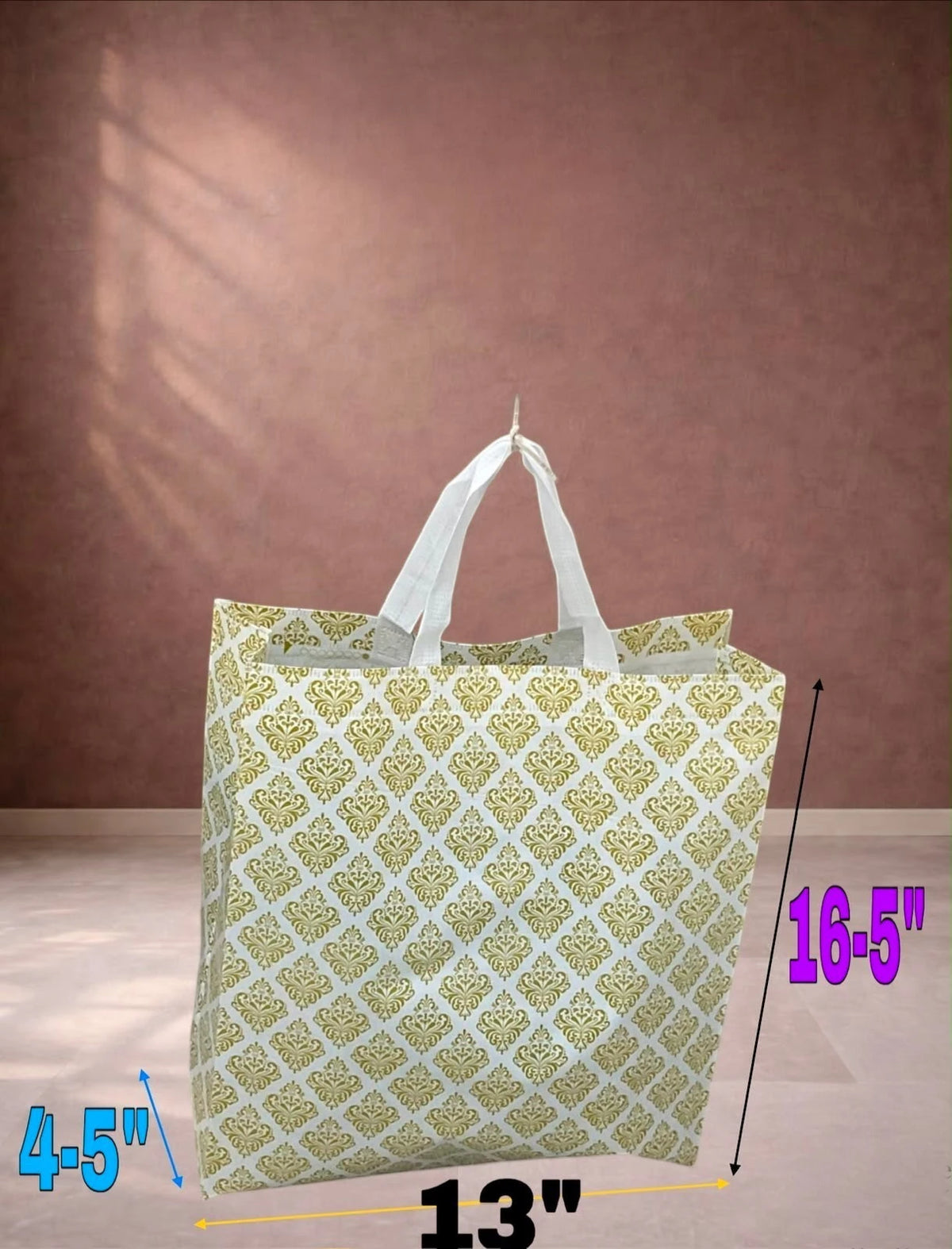 16.5" Carry Bag for Return Gifts, Canvas Fabric Bags for Wedding & Festivals, White-Gold Printed (Big)