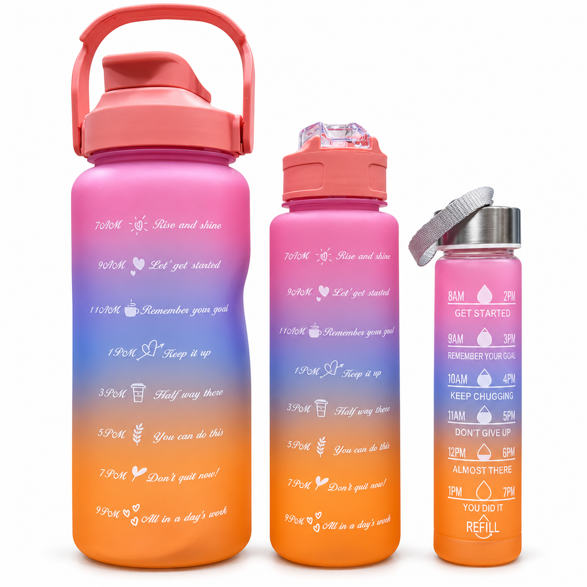 Motivational Water Bottle 3pcs Set with Time Markers Water Lines - 2000ml, 900ml,300ml