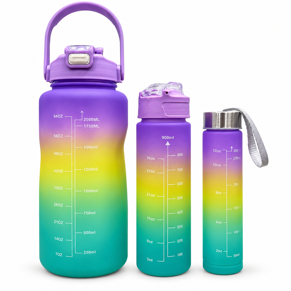 Motivational Water Bottle 3pcs Set with Time Markers Water Lines - 2000ml, 900ml,300ml