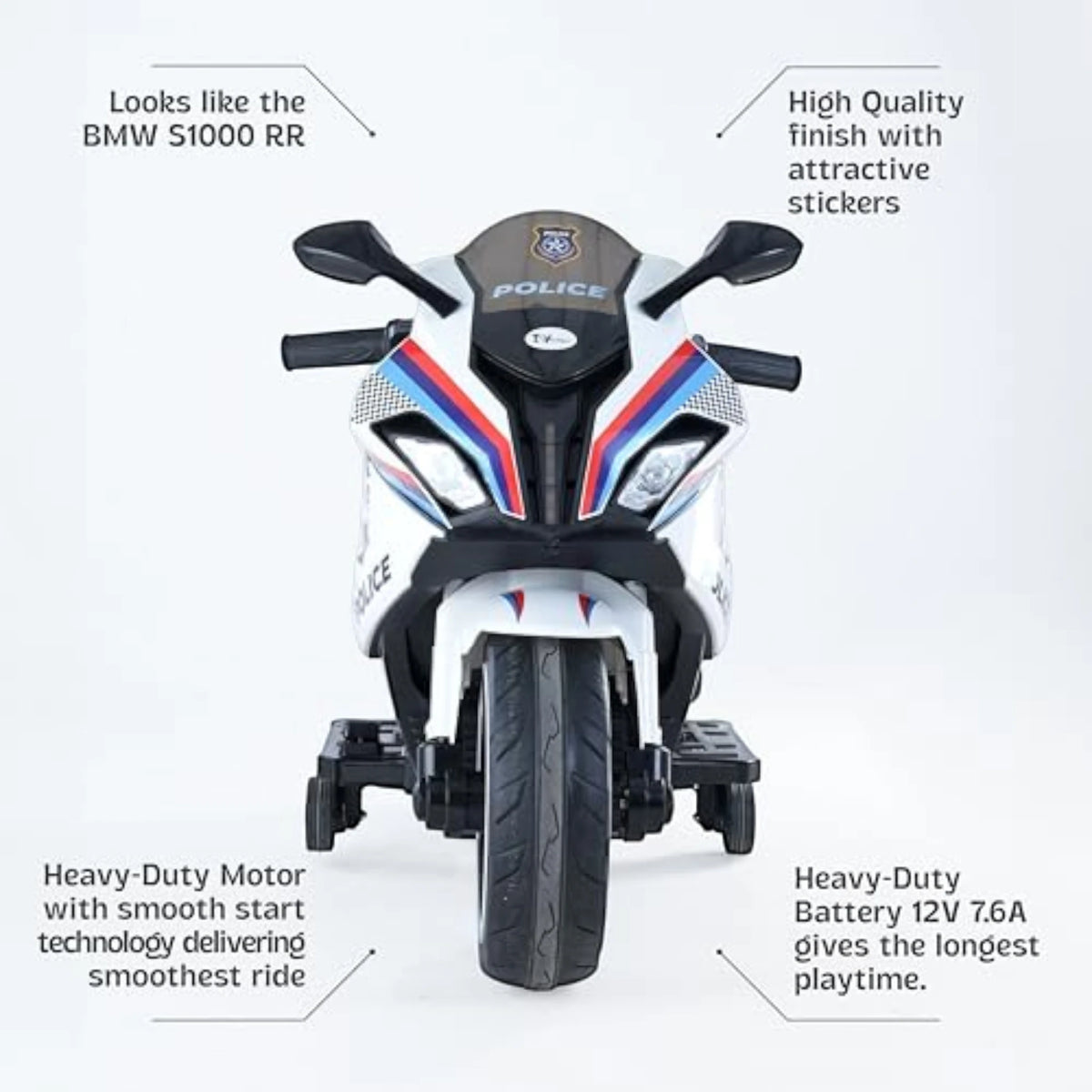 Toy House Battery Operated Ride-On Bike for Kids 3 to 8 Years - B018-Police White
