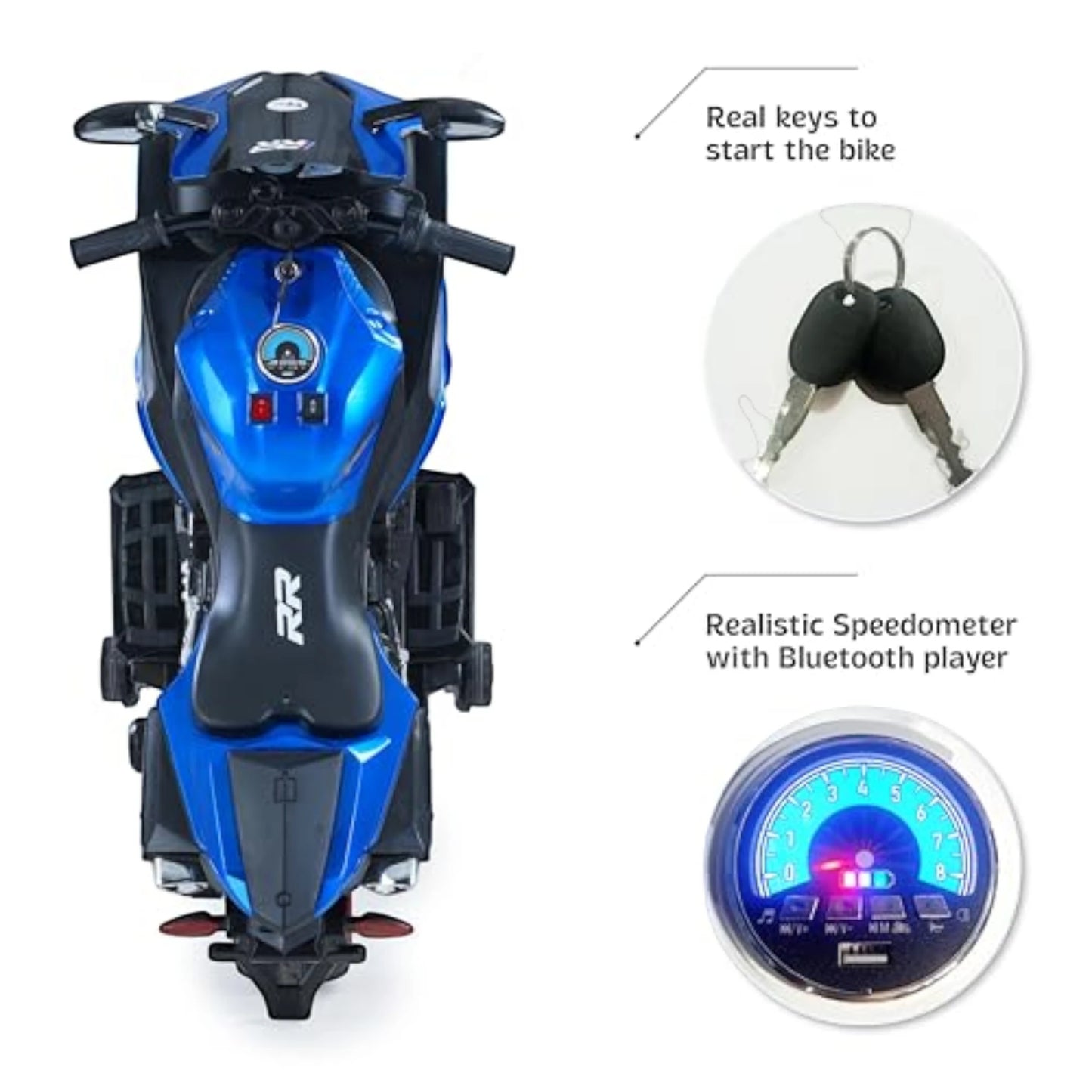 Toy House Battery Operated Ride-On Bike for Kids 3 to 8 Years - B018-Metalic Blue