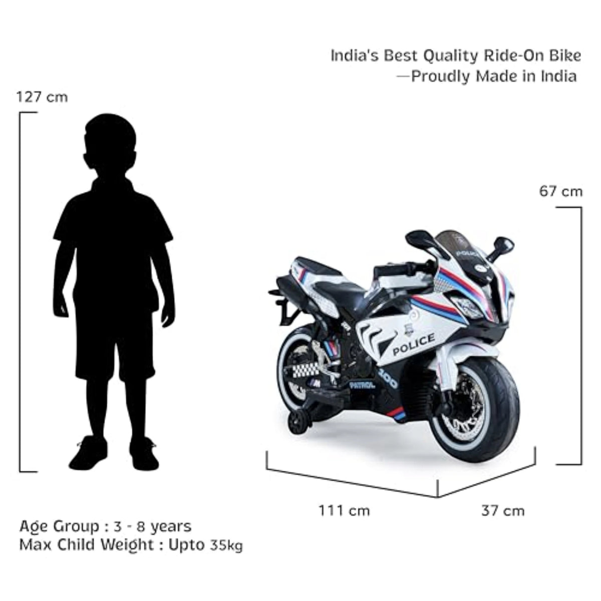 Toy House Battery Operated Ride-On Bike for Kids 3 to 8 Years - B018-Police White