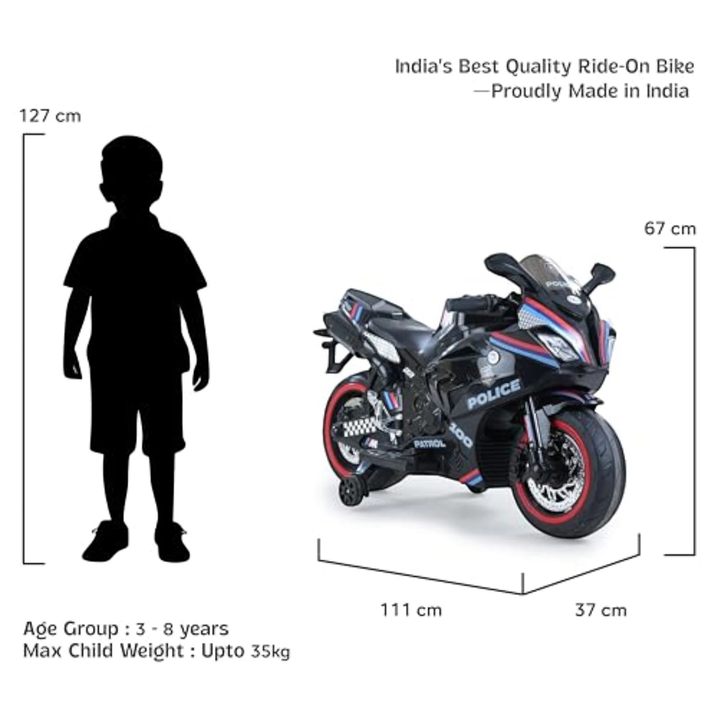 Toy House Battery Operated Ride-On Bike for Kids 3 to 8 Years - B018-Police Black