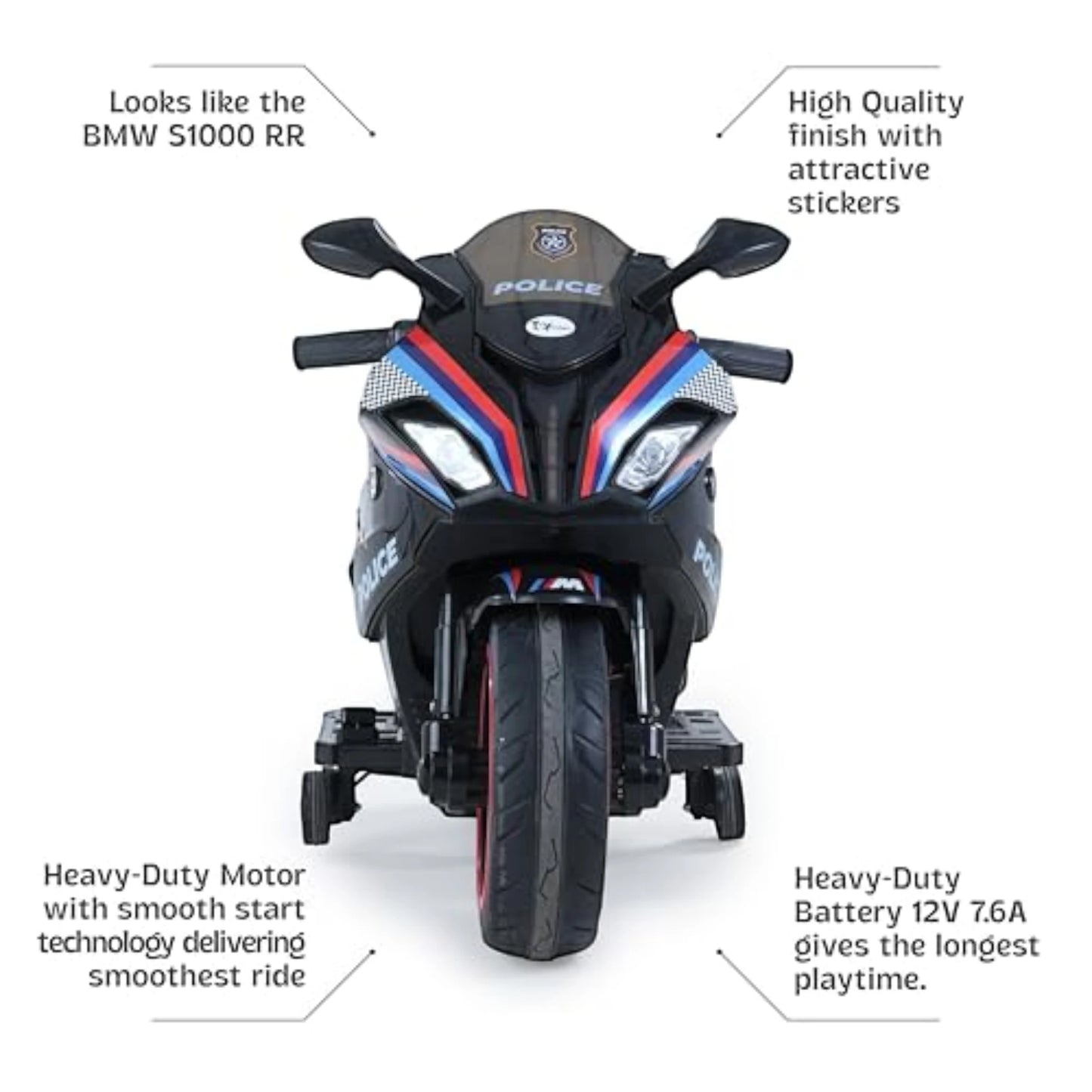 Toy House Battery Operated Ride-On Bike for Kids 3 to 8 Years - B018-Police Black