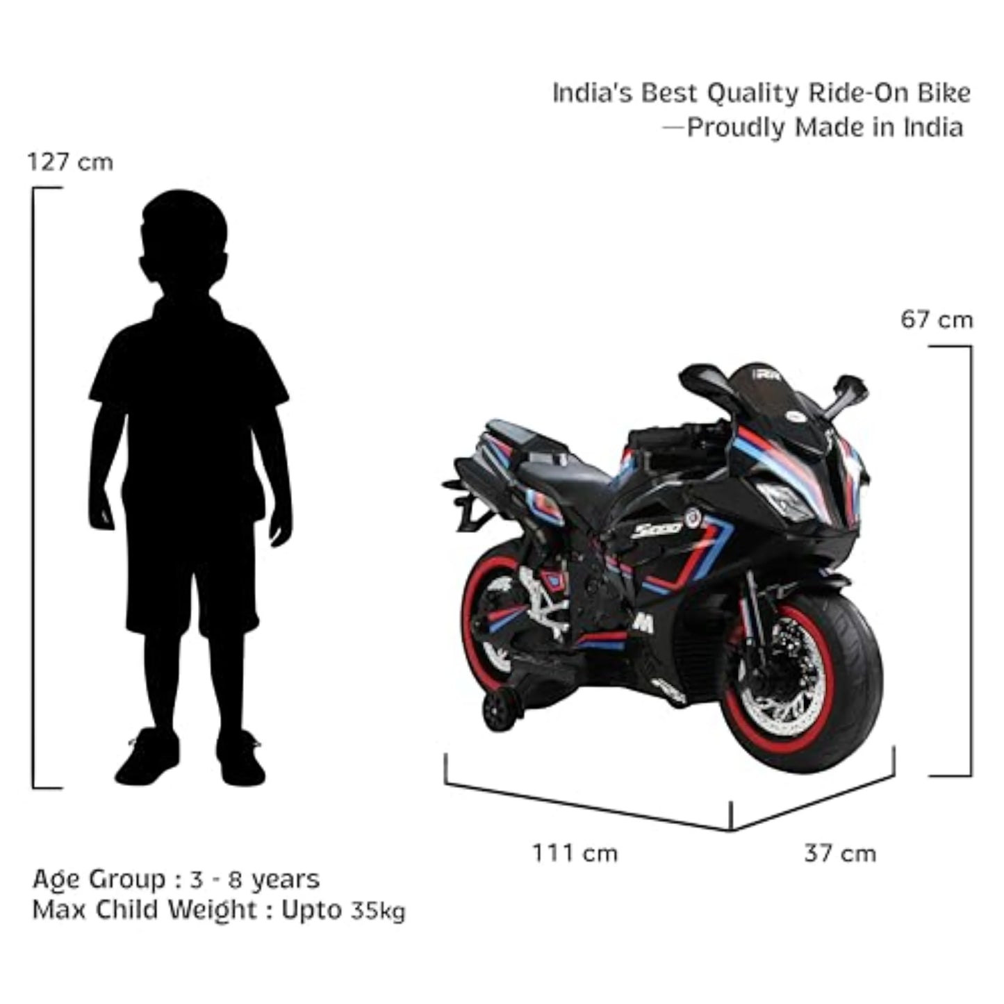 Toy House Battery Operated Ride-On Bike for Kids Age 3-8 - B018-Black