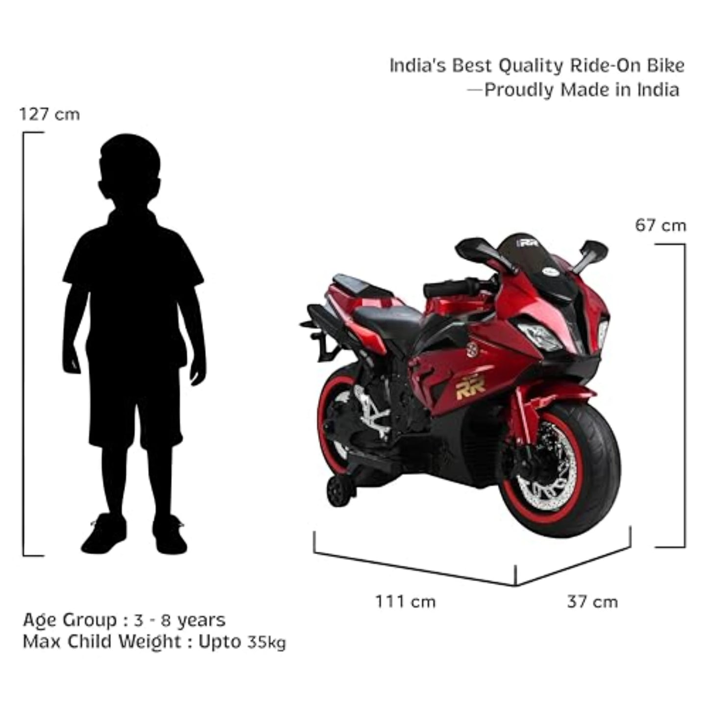 Toy House Battery Operated Ride-On Bike for Kids 3 to 8 Years - B018-Metalic Red