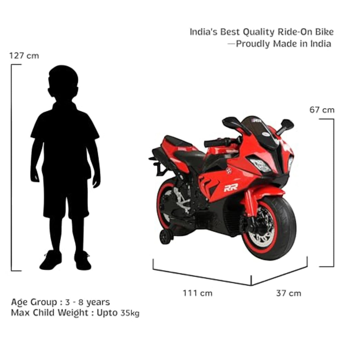Toy House Battery Operated Ride-On Bike for Kids 3 to 8 Years - B018-Red