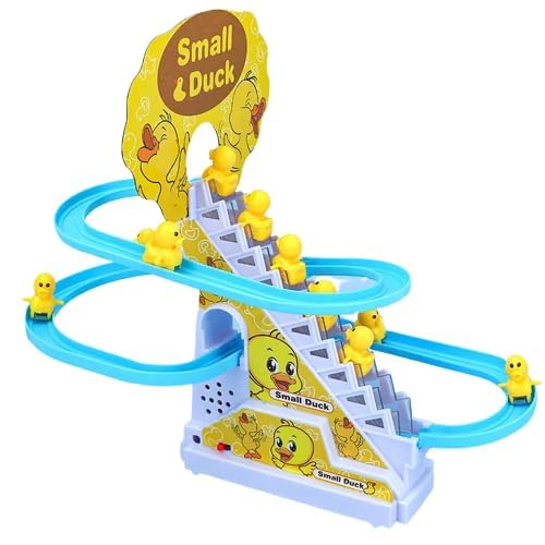 TIPTOP Duck Track Toys for Kids - Small Ducks Stair Climbing Toys for Kids, Escalator Toy with Lights and Music - 3 Duck Included - Duck Track Yellow