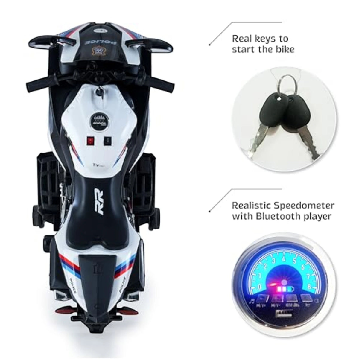 Toy House Battery Operated Ride-On Bike for Kids 3 to 8 Years - B018-Police White