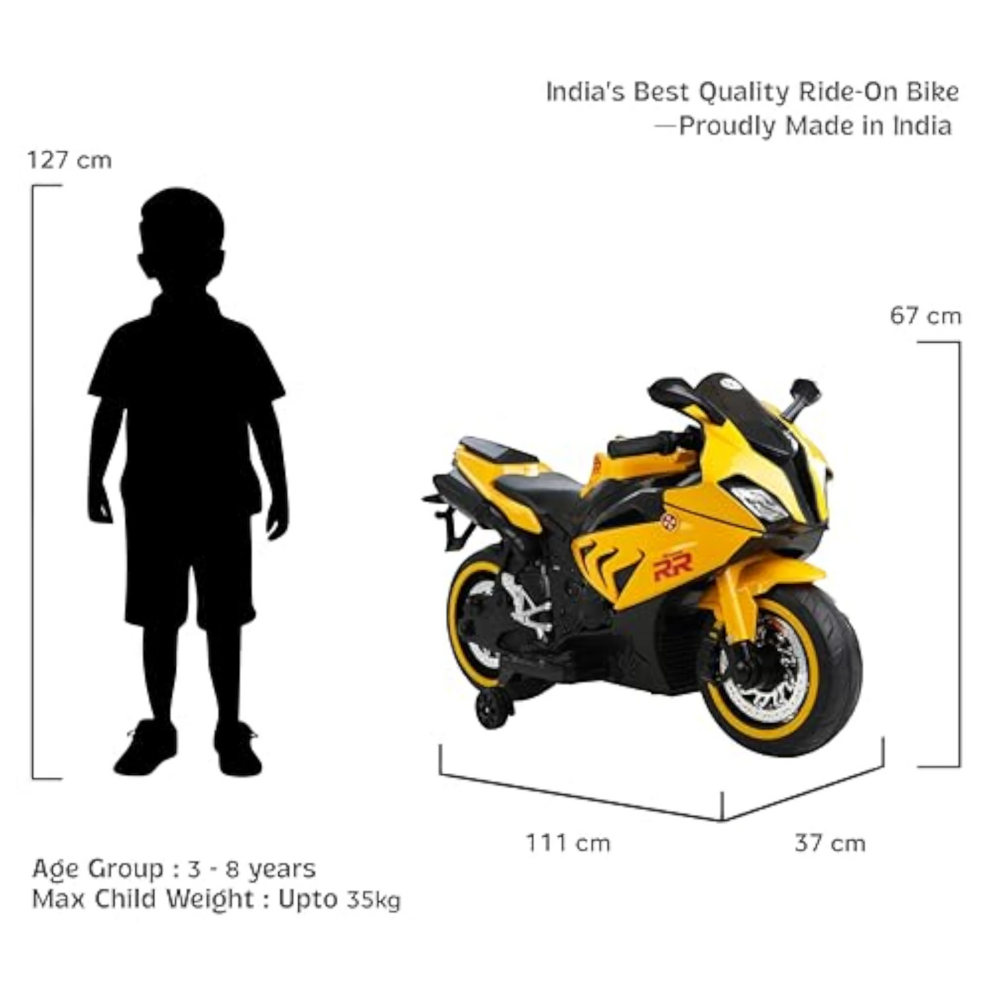 Toy House Battery Operated Ride-On Bike for Kids 3 to 8 Years - B018-Yellow