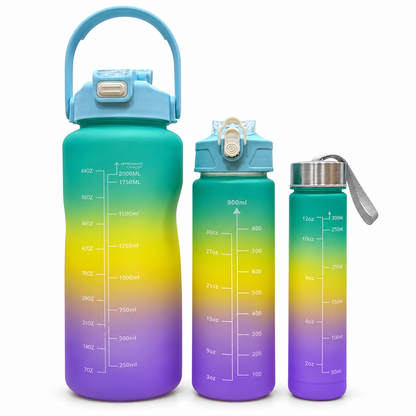 Motivational Water Bottle 3pcs Set with Time Markers Water Lines - 2000ml, 900ml,300ml