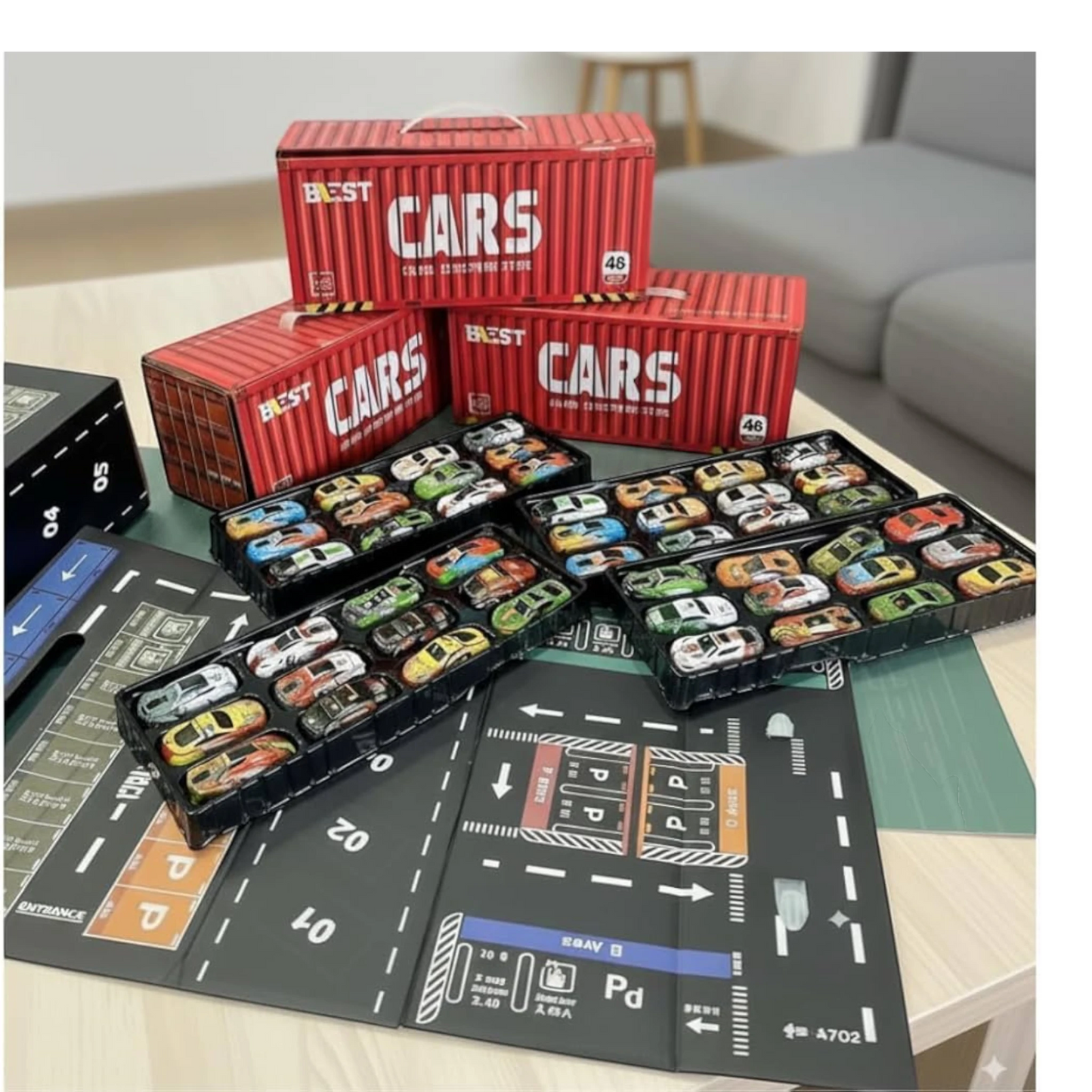 TIPTOP 48pcs Pull Back Cars Set, Alloy Racing Car, Toy Set with Container Storage & Foldable Road Map Play Mat, Friction Powered Vehicles for Kids Boys & Girls