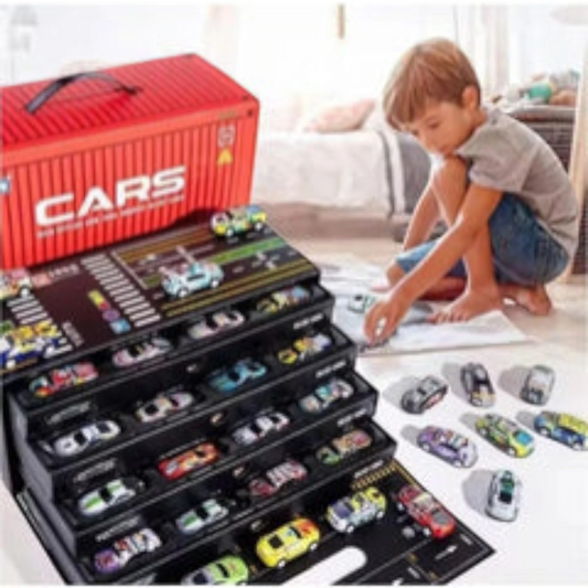 TIPTOP 48pcs Pull Back Cars Set, Alloy Racing Car, Toy Set with Container Storage & Foldable Road Map Play Mat, Friction Powered Vehicles for Kids Boys & Girls