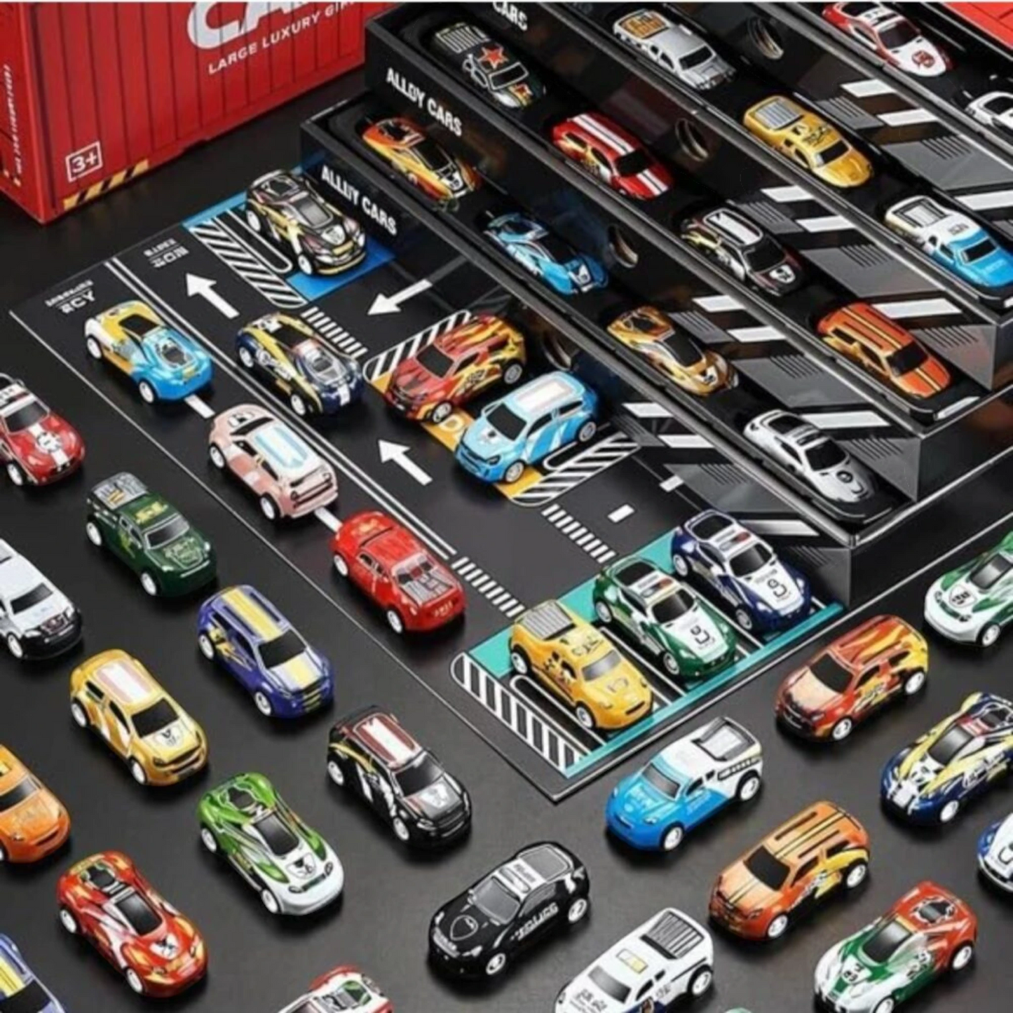 TIPTOP 48pcs Pull Back Cars Set, Alloy Racing Car, Toy Set with Container Storage & Foldable Road Map Play Mat, Friction Powered Vehicles for Kids Boys & Girls