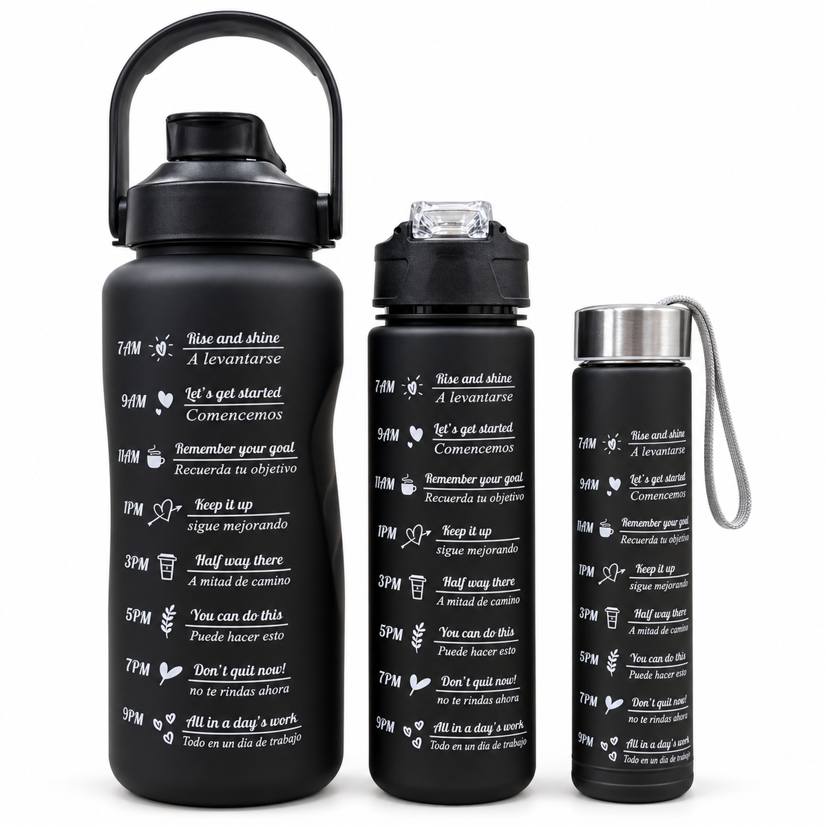 Motivational Water Bottle 3pcs Set with Time Markers Water Lines - 2000ml, 900ml,300ml