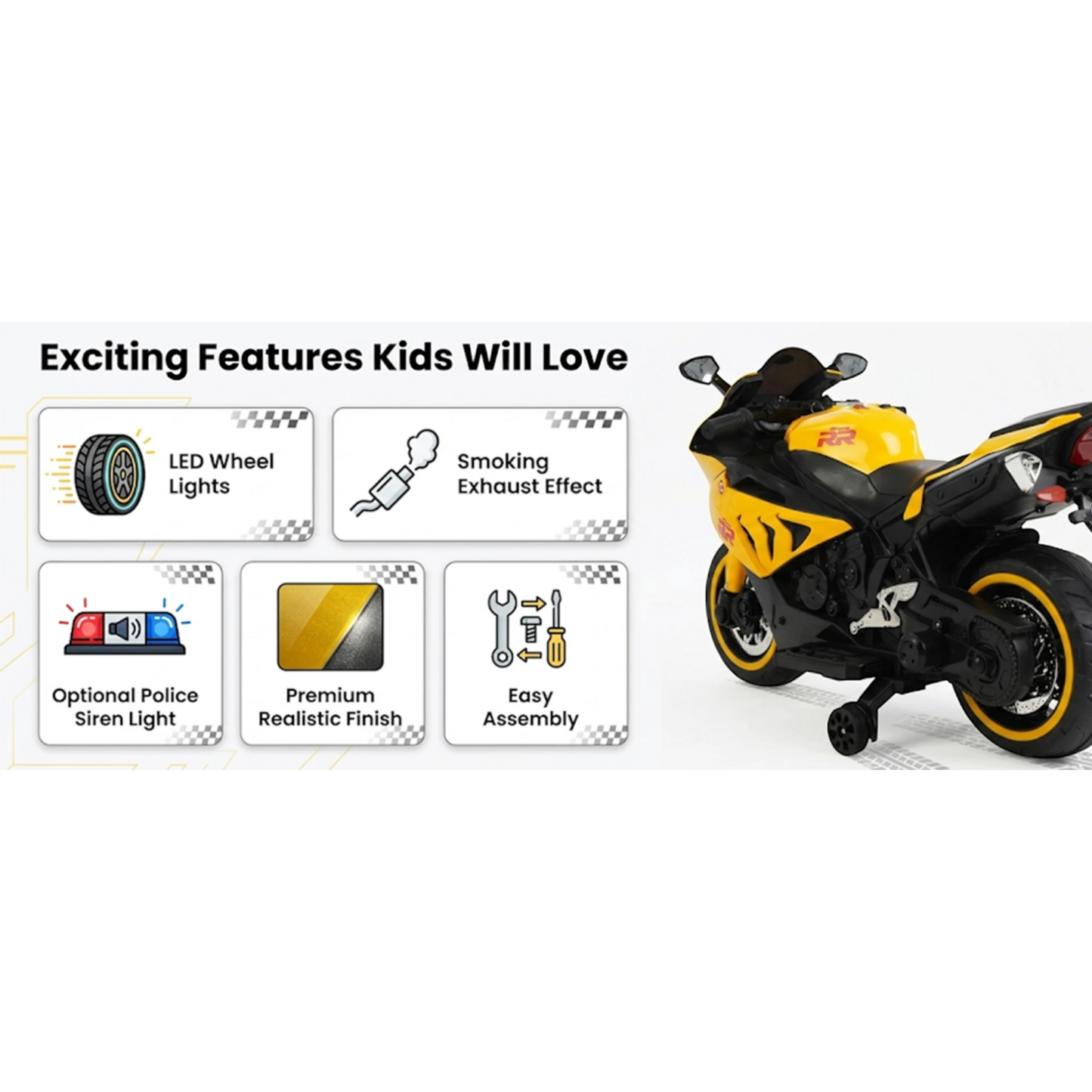 Toy House Battery Operated Ride-On Bike for Kids 3 to 8 Years - B018-Yellow