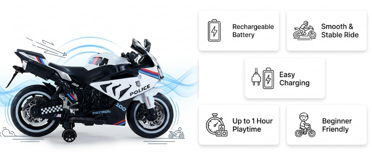 Toy House Battery Operated Ride-On Bike for Kids 3 to 8 Years - B018-Police White