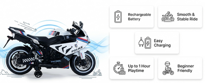 Toy House Battery Operated Ride-On Bike for Kids 3 to 8 Years - B018-Police White