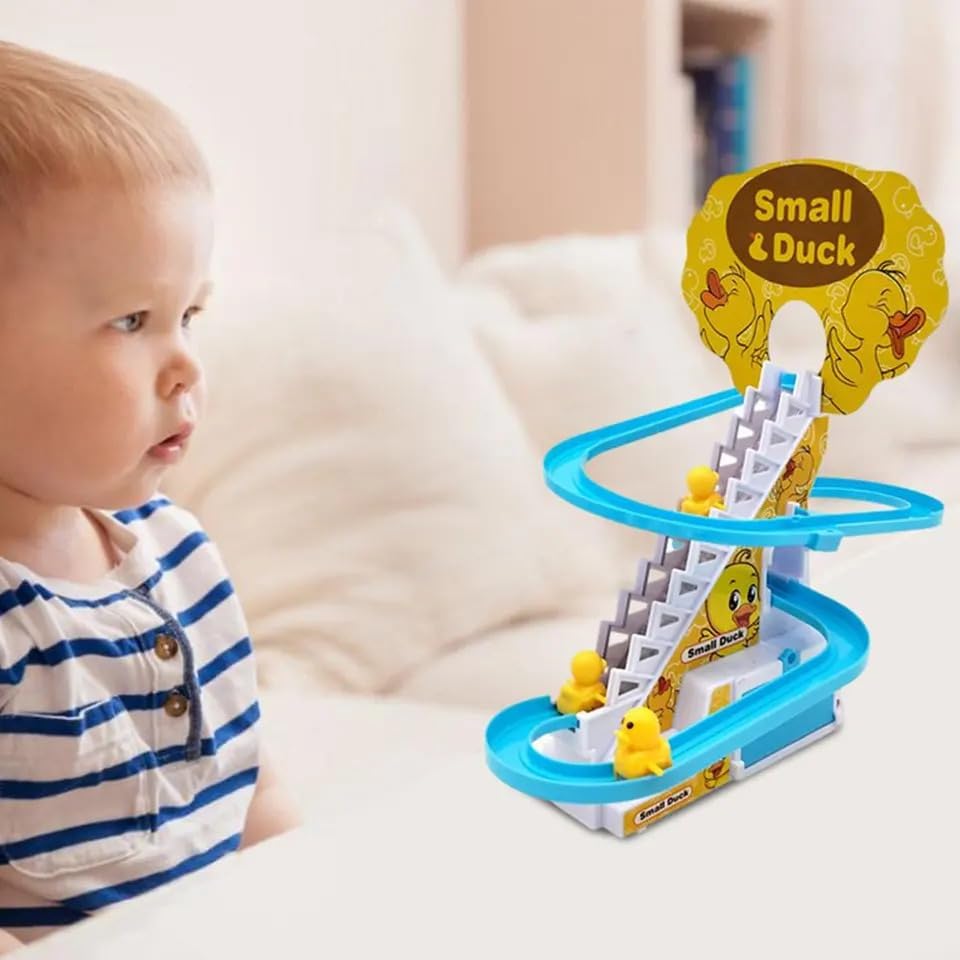 TIPTOP Duck Track Toys for Kids - Small Ducks Stair Climbing Toys for Kids, Escalator Toy with Lights and Music - 3 Duck Included - Duck Track Yellow