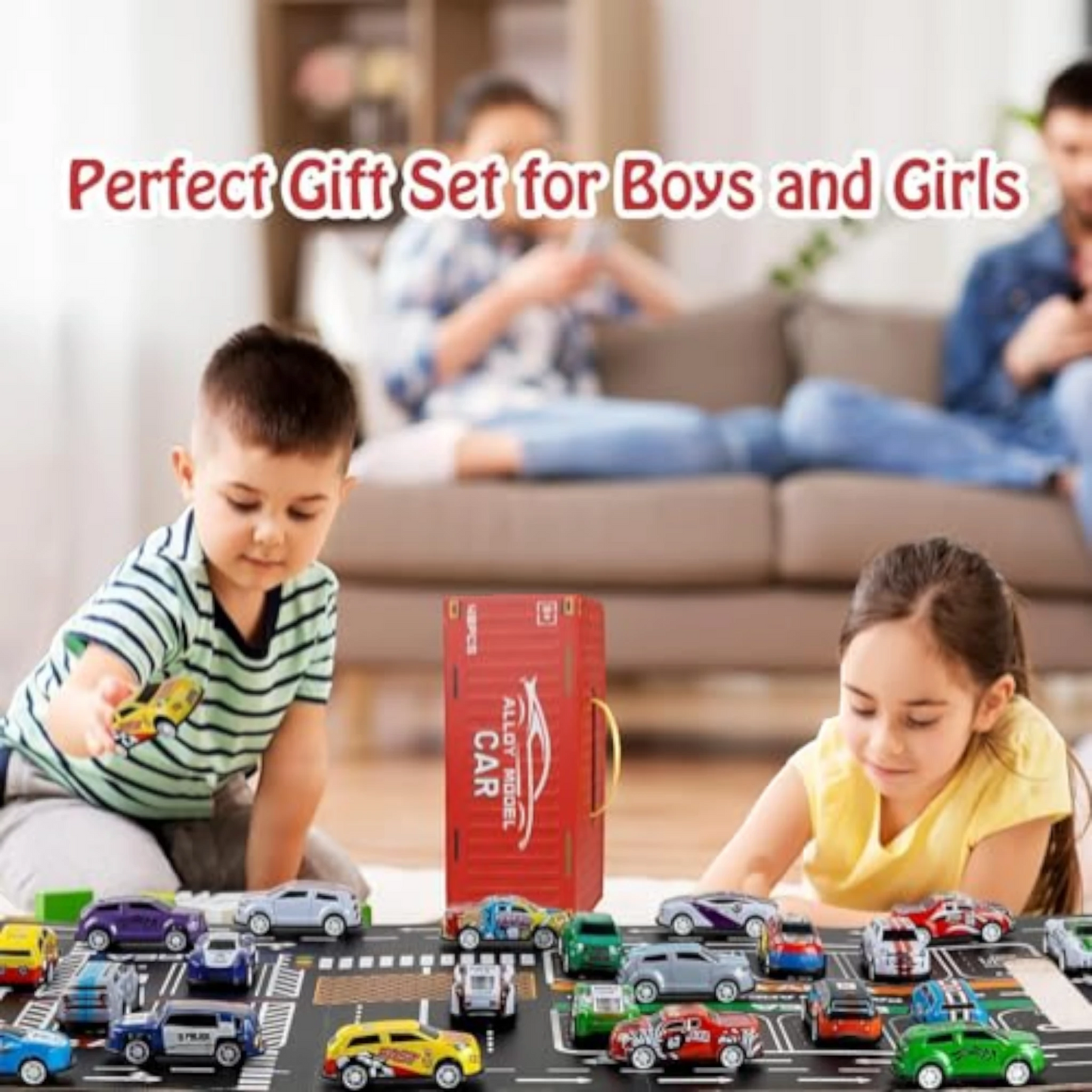 TIPTOP 48pcs Pull Back Cars Set, Alloy Racing Car, Toy Set with Container Storage & Foldable Road Map Play Mat, Friction Powered Vehicles for Kids Boys & Girls