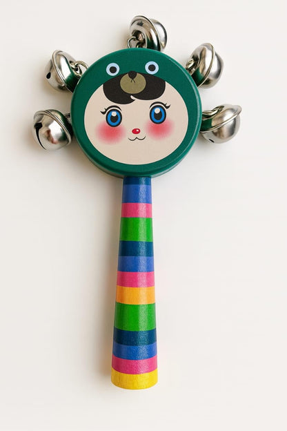 SMILE BABY Colorful Wooden Handle Jingle Bell Rattle Toy
