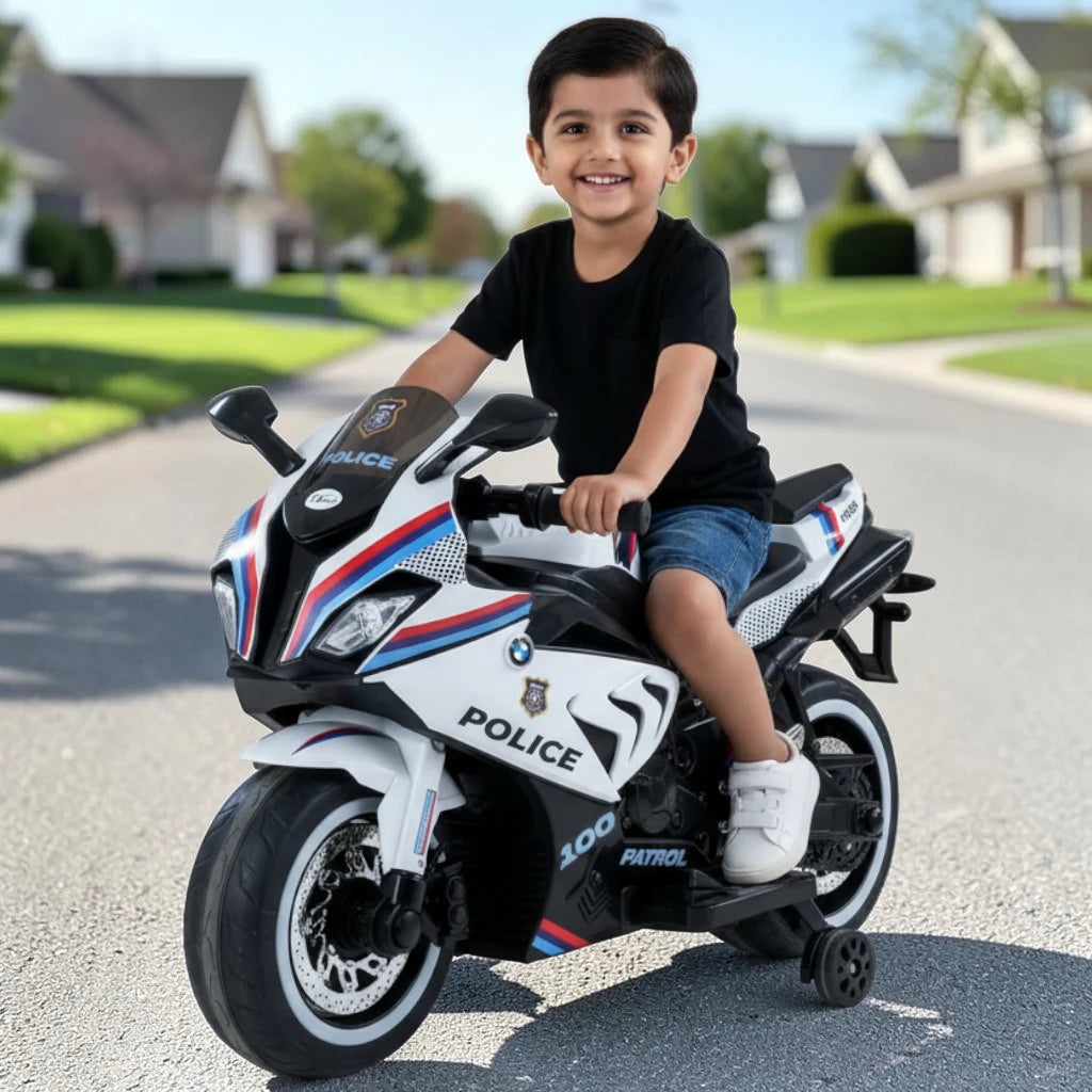 Toy House Battery Operated Ride-On Bike for Kids 3 to 8 Years - B018-Police White