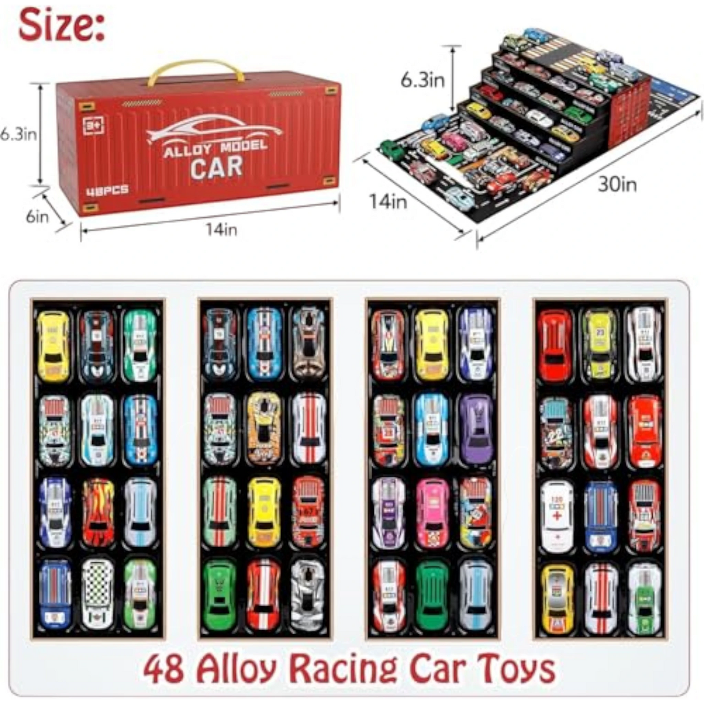 TIPTOP 48pcs Pull Back Cars Set, Alloy Racing Car, Toy Set with Container Storage & Foldable Road Map Play Mat, Friction Powered Vehicles for Kids Boys & Girls