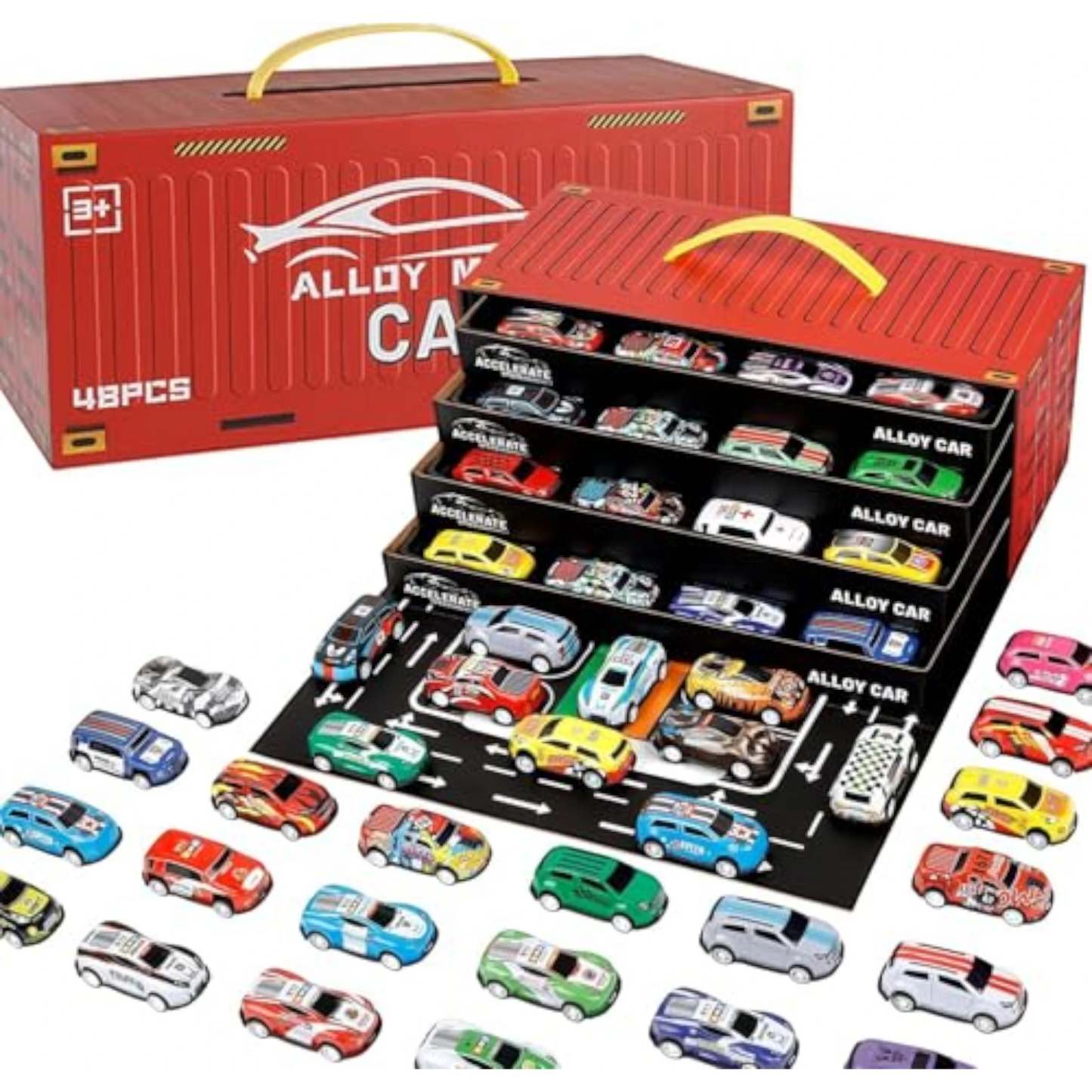 TIPTOP 48pcs Pull Back Cars Set, Alloy Racing Car, Toy Set with Container Storage & Foldable Road Map Play Mat, Friction Powered Vehicles for Kids Boys & Girls