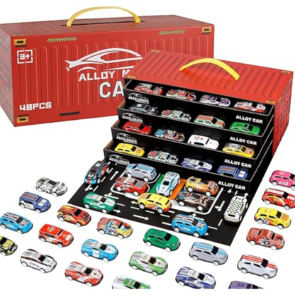 TIPTOP 48pcs Pull Back Cars Set, Alloy Racing Car, Toy Set with Container Storage & Foldable Road Map Play Mat, Friction Powered Vehicles for Kids Boys & Girls