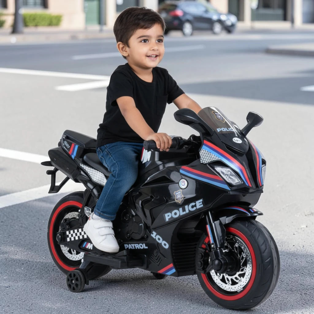 Toy House Battery Operated Ride-On Bike for Kids 3 to 8 Years - B018-Police Black