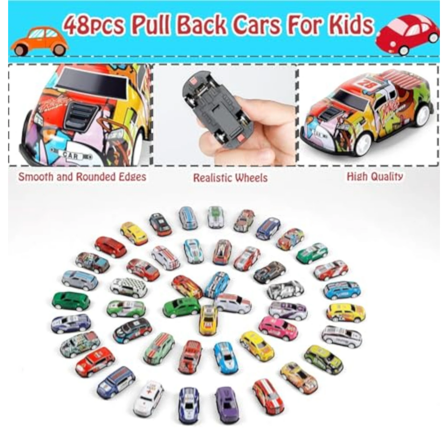 TIPTOP 48pcs Pull Back Cars Set, Alloy Racing Car, Toy Set with Container Storage & Foldable Road Map Play Mat, Friction Powered Vehicles for Kids Boys & Girls