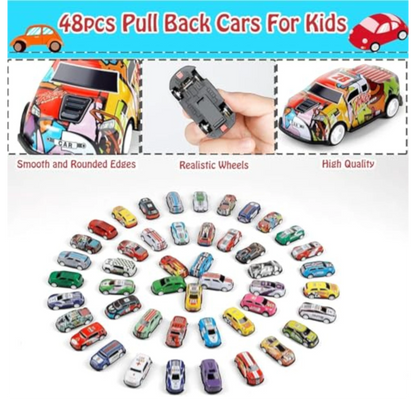 TIPTOP 48pcs Pull Back Cars Set, Alloy Racing Car, Toy Set with Container Storage & Foldable Road Map Play Mat, Friction Powered Vehicles for Kids Boys & Girls