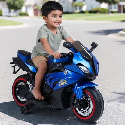 Toy House Battery Operated Ride-On Bike for Kids 3 to 8 Years - B018-Metalic Blue