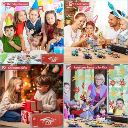 TIPTOP 48pcs Pull Back Cars Set, Alloy Racing Car, Toy Set with Container Storage & Foldable Road Map Play Mat, Friction Powered Vehicles for Kids Boys & Girls