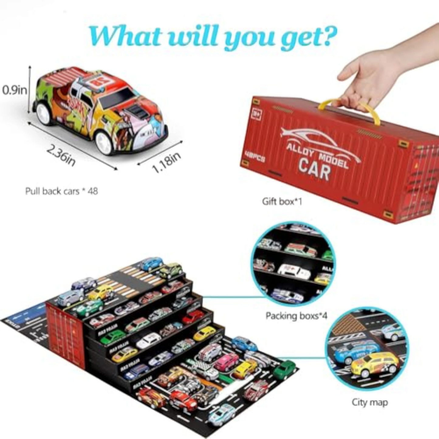 TIPTOP 48pcs Pull Back Cars Set, Alloy Racing Car, Toy Set with Container Storage & Foldable Road Map Play Mat, Friction Powered Vehicles for Kids Boys & Girls