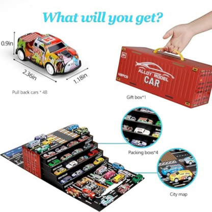 TIPTOP 48pcs Pull Back Cars Set, Alloy Racing Car, Toy Set with Container Storage & Foldable Road Map Play Mat, Friction Powered Vehicles for Kids Boys & Girls