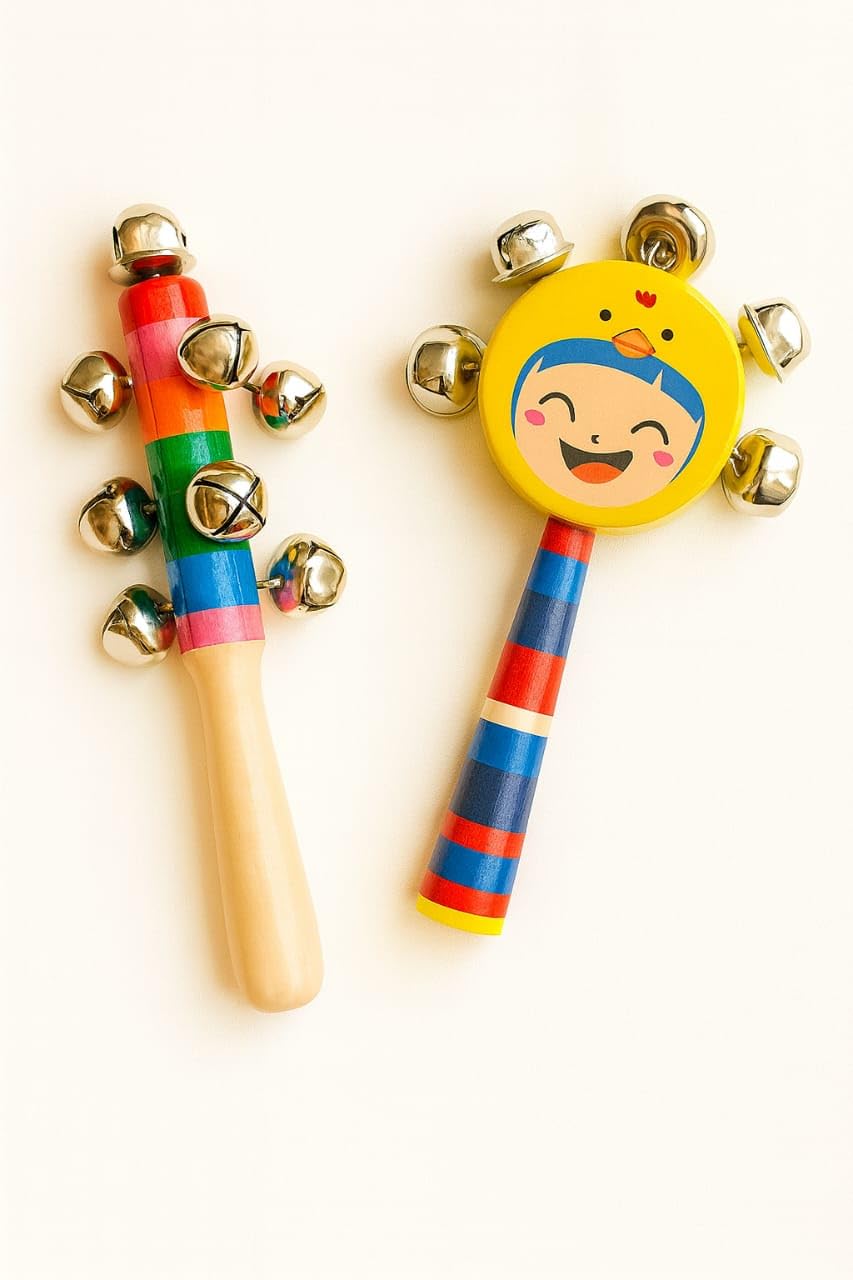 SMILE BABY Colorful Wooden Handle Jingle Bell Rattle Toy